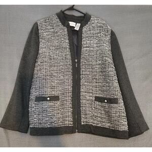 Alfred‎ Dunner Blazer Dress Jacket Full Zip Charcoal Metallic Thread Tweed Sz 18
